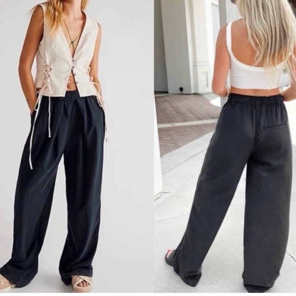 Free People Wide Leg Pants Sz Medium Black Nothin to Say Pleated Trouser Pull On - Picture 9 of 9